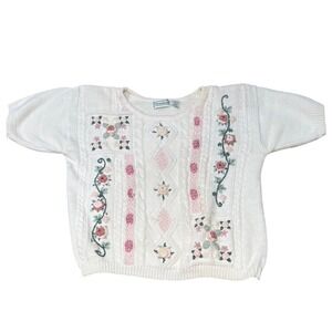 Vintage Floral Embroidered Knit Sweater‎ Women Cottagecore Granny Romantic